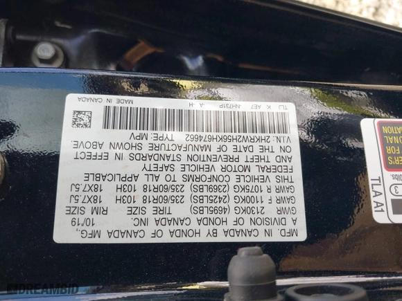 2019 Honda CR-V EX with VIN 2HKRW2H56KH674662, listed as a IAAI auction lot 41905271 with 46,450 mi miles. Bid and sale history available at carsss.com. Image 9.