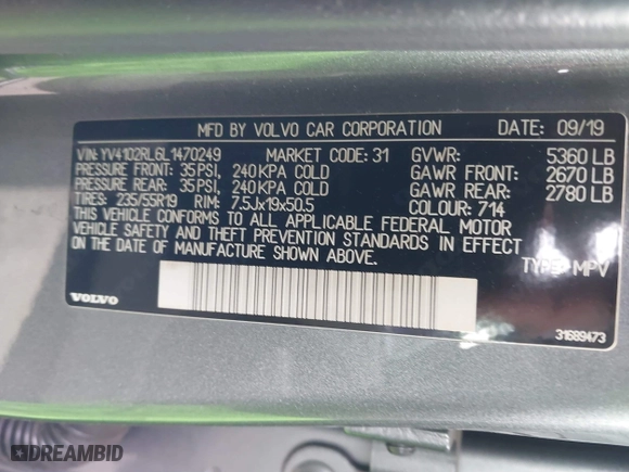 2020 Volvo XC60 Inscription with VIN YV4102RL6L1470249, listed as a IAAI auction lot 41165934 with 26,127 mi miles. Bid and sale history available at carsss.com. Image 9.