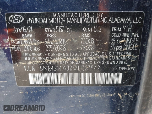 2021 Hyundai Santa Fe SE with VIN 5NMS14AJ2MH323542, listed as a IAAI auction lot 42182576 with 69,385 mi miles and . Bid and sale history available at DreamBid. Image 9.