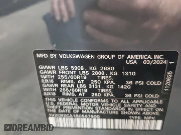 2024 Volkswagen Atlas Peak Edition SE with VIN 1V2CR2CA1RC567900, listed as a Copart auction lot 62120085 with 10,030 mi miles and Salvage title. Bid and sale history available at DreamBid. Image 13.