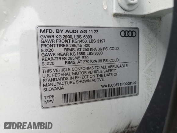 2023 Audi Q7 Premium Plus with VIN WA1LCBF71PD008190, listed as a Copart auction lot 60656225 with 18,154 mi miles and Salvage title. Bid and sale history available at DreamBid. Image 13.