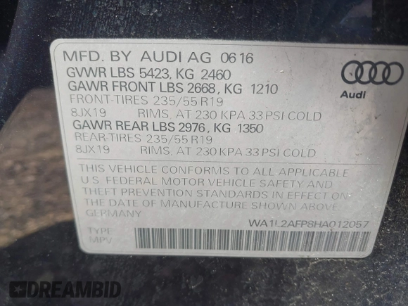 2017 Audi Q5 Premium Plus z VIN WA1L2AFP8HA012057, wystawiony jako IAAI lot #42055794 z przebiegiem 99 416 mil mil oraz . Historia ofert i sprzedaży dostępna na DreamBid. Obrazek 9.