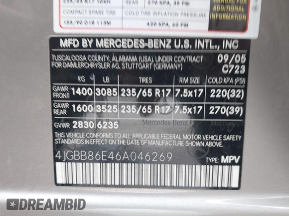 2006 Mercedes-Benz M 350 with VIN 4JGBB86E46A046269, listed as a IAAI auction lot 41561966 with 117,012 mi miles and . Bid and sale history available at DreamBid. Image 9.