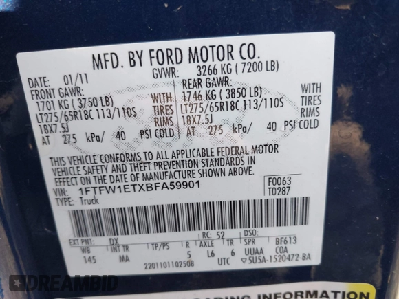 2011 Ford F-150 XLT with VIN 1FTFW1ETXBFA59901, listed as a IAAI auction lot 42537234 with 185,333 mi miles and . Bid and sale history available at DreamBid. Image 9.