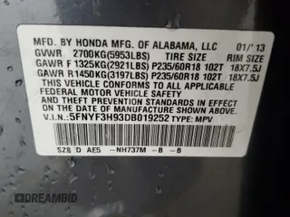 2013 Honda Pilot Touring z VIN 5FNYF3H93DB019252, wystawiony jako Copart lot #64631715 z przebiegiem 134 343 mil mil oraz Szkoda całkowita • Salvage title. Historia ofert i sprzedaży dostępna na DreamBid. Obrazek 13.