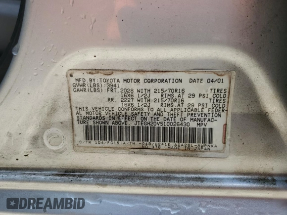 2001 Toyota RAV4 with VIN JTEGH20V510026430, listed as a Copart auction lot 55208815 with 235,190 mi miles and Salvage title. Bid and sale history available at DreamBid. Image 14.