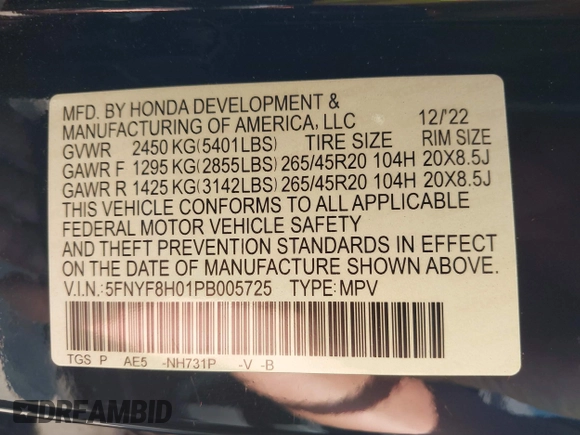 2023 Honda Passport Elite z VIN 5FNYF8H01PB005725, wystawiony jako IAAI lot #41457435 z przebiegiem 39 562 mil mil oraz . Historia ofert i sprzedaży dostępna na DreamBid. Obrazek 9.