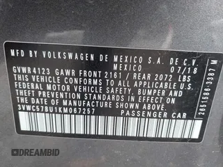 2019 Volkswagen Jetta S с VIN 3VWC57BU1KM067257, выставлен на аукционе IAAI как лот 42205058 с пробегом 149 337 миль миль и . История ставок и продаж доступна на DreamBid. Изображение 9.