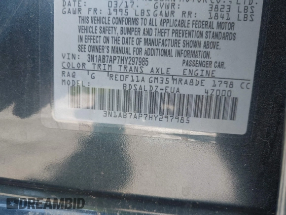 2017 Nissan Sentra SR z VIN 3N1AB7AP7HY297985, wystawiony jako IAAI lot #42197736 z przebiegiem 108 478 mil mil oraz . Historia ofert i sprzedaży dostępna na DreamBid. Obrazek 9.