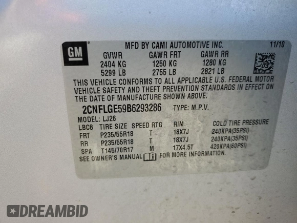 2011 Chevrolet Equinox LTZ with VIN 2CNFLGE59B6293286, listed as a Copart auction lot 53167595 with 178,566 mi miles and Salvage Title. Bid and sale history available at DreamBid. Image 13.