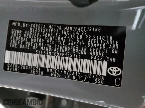 2022 Toyota Corolla SE with VIN 5YFS4MCE9NP115141, listed as a Copart auction lot 47592015 with 26,835 mi miles and Salvage Title. Bid and sale history available at DreamBid. Image 13.