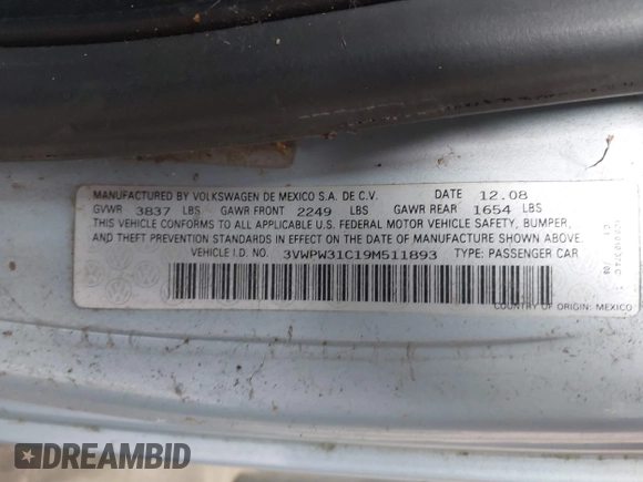 2009 Volkswagen Beetle S с VIN 3VWPW31C19M511893, выставлен на аукционе IAAI как лот 42491463 с пробегом 183 010 миль миль и . История ставок и продаж доступна на DreamBid. Изображение 9.