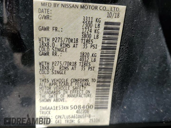 2019 Nissan Titan Pro-4X z VIN 1N6AA1E53KN508400, wystawiony jako Copart lot #54344865 z przebiegiem 59 028 mil mil oraz Szkoda całkowita • Salvage title. Historia ofert i sprzedaży dostępna na DreamBid. Obrazek 13.