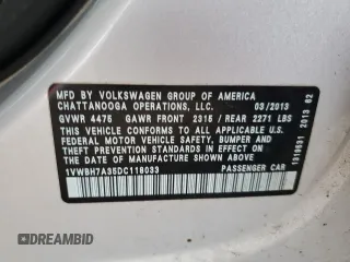 2013 Volkswagen Passat SE с VIN 1VWBH7A35DC118033, выставлен на аукционе Copart как лот 59998325 с пробегом 248 493 миль миль и Чистый • Clean title. История ставок и продаж доступна на DreamBid. Изображение 12.