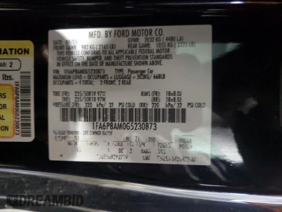 2016 Ford Mustang V6 with VIN 1FA6P8AM0G5230873, listed as a Copart auction lot 50809945 with 110,936 mi miles and Clean title. Bid and sale history available at DreamBid. Image 12.