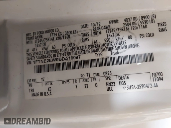 2013 Ford Econoline Cargo Commercial with VIN 1FTNE2EW0DDA16097, listed as a IAAI auction lot 42172617 with 369,619 mi miles and . Bid and sale history available at DreamBid. Image 9.
