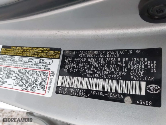 2007 Toyota Camry CE with VIN 4T1BE46K57U075558, listed as a IAAI auction lot 41948885 with 275,636 mi miles. Bid and sale history available at carsss.com. Image 9.