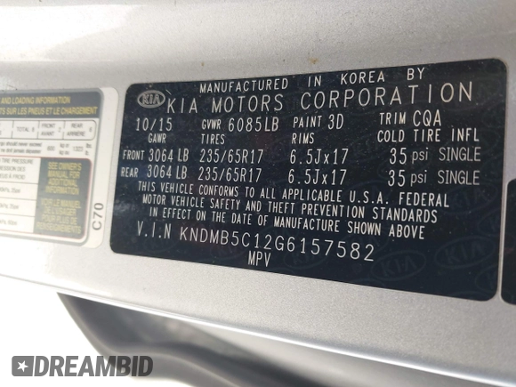 2016 Kia Sedona LX with VIN KNDMB5C12G6157582, listed as a IAAI auction lot 41932306 with 106,061 mi miles. Bid and sale history available at carsss.com. Image 9.