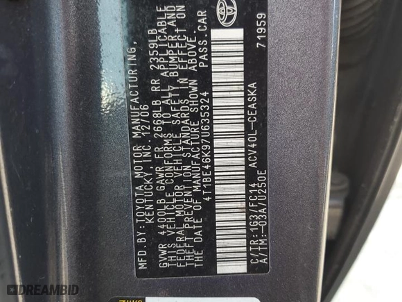 2007 Toyota Camry CE with VIN 4T1BE46K97U635324, listed as a Copart auction lot 51604875 with 202,754 mi miles and Salvage Title. Bid and sale history available at carsss.com. Image 12.