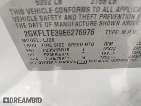 2014 GMC Terrain SLT with VIN 2GKFLTE39E6276976, listed as a IAAI auction lot 42367007 with 195,575 mi miles and . Bid and sale history available at DreamBid. Image 9.