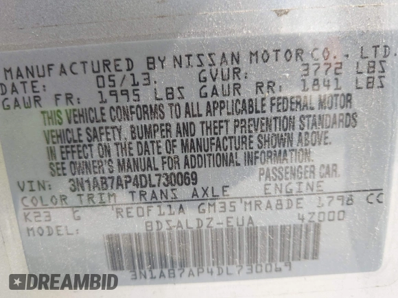 2013 Nissan Sentra S with VIN 3N1AB7AP4DL730069, listed as a IAAI auction lot 42142137 with 173,379 mi miles and . Bid and sale history available at DreamBid. Image 9.