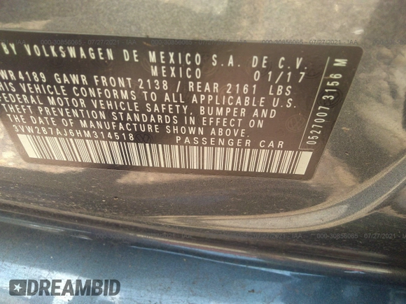 2017 Volkswagen Jetta S с VIN 3VW2B7AJ6HM314518, выставлен на аукционе IAAI как лот 30856065 с пробегом 82 698 миль миль и . История ставок и продаж доступна на DreamBid. Изображение 9.