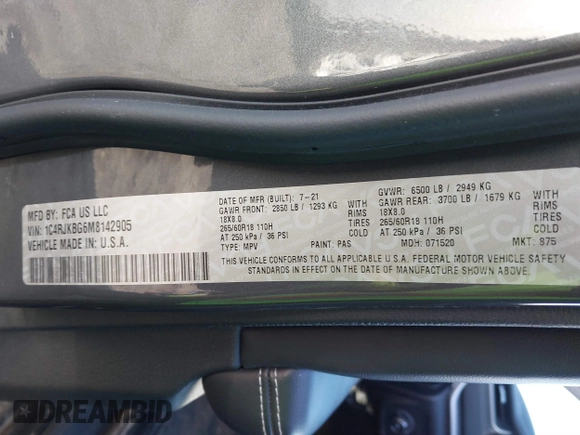 2021 Jeep Grand Cherokee Limited with VIN 1C4RJKBG6M8142905, listed as a IAAI auction lot 41576851 with 44,884 mi miles and . Bid and sale history available at DreamBid. Image 9.