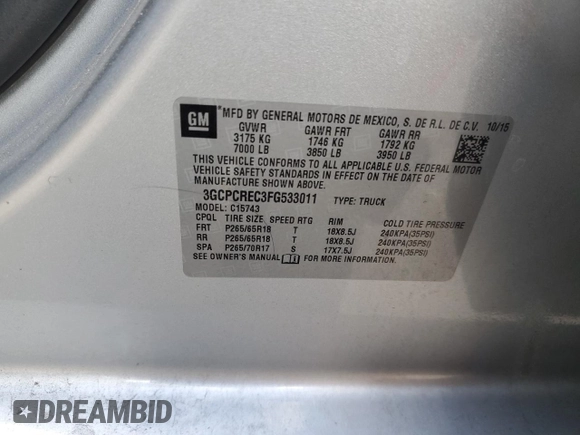 2015 Chevrolet Silverado 1500 LT with VIN 3GCPCREC3FG533011, listed as a Copart auction lot 45026255 with 118,852 mi miles and Salvage Title. Bid and sale history available at DreamBid. Image 12.