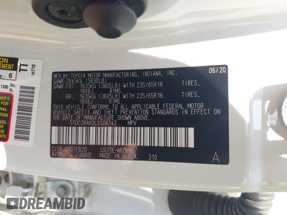 2020 Toyota Highlander L with VIN 5TDCZRAH2LS508743, listed as a IAAI auction lot 42430088 with 191,148 mi miles and . Bid and sale history available at DreamBid. Image 9.