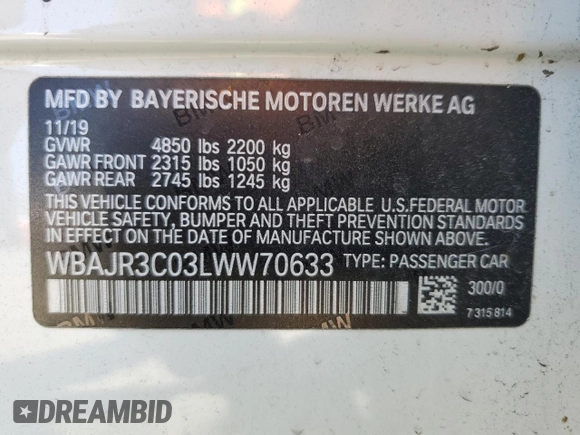 2020 BMW 5 Series 530i with VIN WBAJR3C03LWW70633, listed as a Copart auction lot 50644485 with 88,062 mi miles and Salvage Title. Bid and sale history available at DreamBid. Image 12.