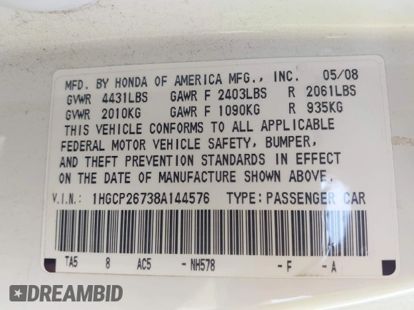 2008 Honda Accord EX with VIN 1HGCP26738A144576, listed as a IAAI auction lot 42236008 with 192,445 mi miles and . Bid and sale history available at DreamBid. Image 9.