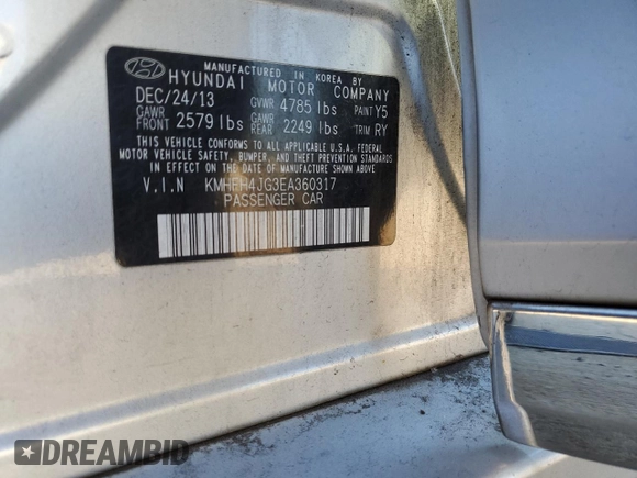 2014 Hyundai Azera Limited z VIN KMHFH4JG3EA360317, wystawiony jako Copart lot #79748564 z przebiegiem Nie podano mil oraz Szkoda całkowita • Salvage title. Historia ofert i sprzedaży dostępna na DreamBid. Obrazek 13.