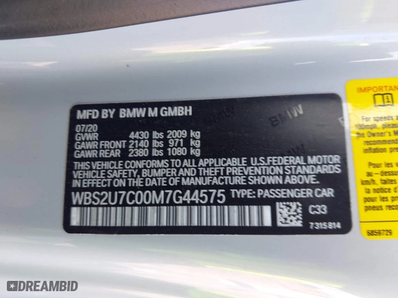 2021 BMW M2 Competition with VIN WBS2U7C00M7G44575, listed as a IAAI auction lot 41602801 with 17,453 mi miles. Bid and sale history available at carsss.com. Image 8.