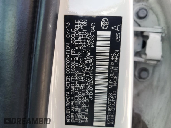 2013 Toyota Prius One with VIN JTDKDTB32D1549351, listed as a Copart auction lot 52622795 with 154,773 mi miles and Salvage Title. Bid and sale history available at DreamBid. Image 12.