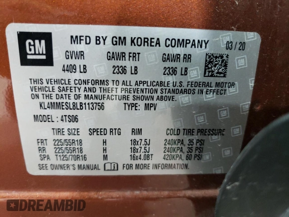 2020 Buick Encore GX Select с VIN KL4MMESL8LB113756, выставлен на аукционе Copart как лот 52450715 с пробегом 58 342 миль миль и Списание • Salvage title. История ставок и продаж доступна на DreamBid. Изображение 13.