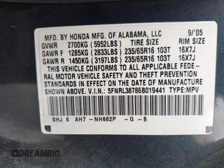 2006 Honda Odyssey EX-L with VIN 5FNRL38786B019441, listed as a IAAI auction lot 42074209 with 184,008 mi miles. Bid and sale history available at carsss.com. Image 9.
