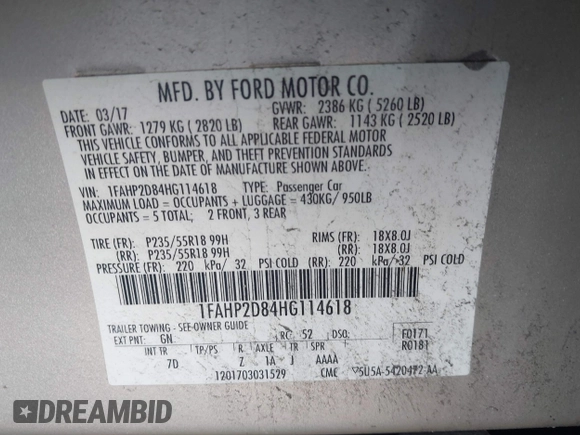2017 Ford Taurus SE with VIN 1FAHP2D84HG114618, listed as a IAAI auction lot 41586966 with 109,937 mi miles and . Bid and sale history available at DreamBid. Image 9.