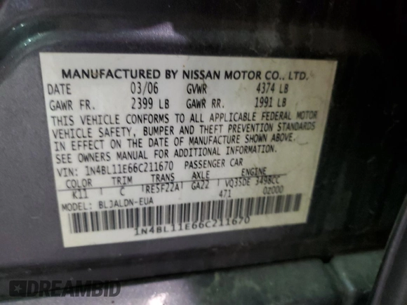 2006 Nissan Altima SL with VIN 1N4BL11E66C211670, listed as a Copart auction lot 82533284 with 169,044 mi miles and Non repairable. Bid and sale history available at DreamBid. Image 12.
