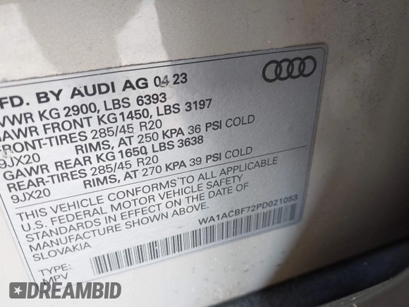 2023 Audi Q7 Premium with VIN WA1ACBF72PD021053, listed as a IAAI auction lot 41387794 with 11,462 mi miles and . Bid and sale history available at DreamBid. Image 9.