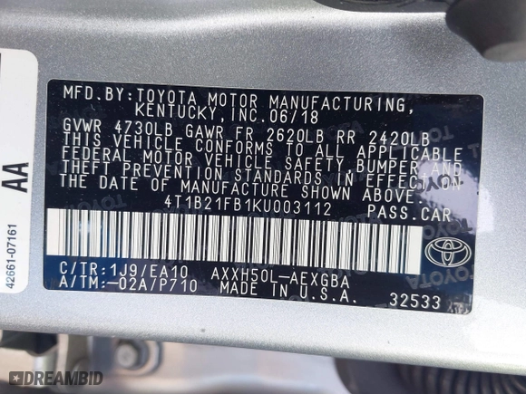 2019 Toyota Avalon Hybrid Limited with VIN 4T1B21FB1KU003112, listed as a IAAI auction lot 41610307 with 169,569 mi miles. Bid and sale history available at carsss.com. Image 9.
