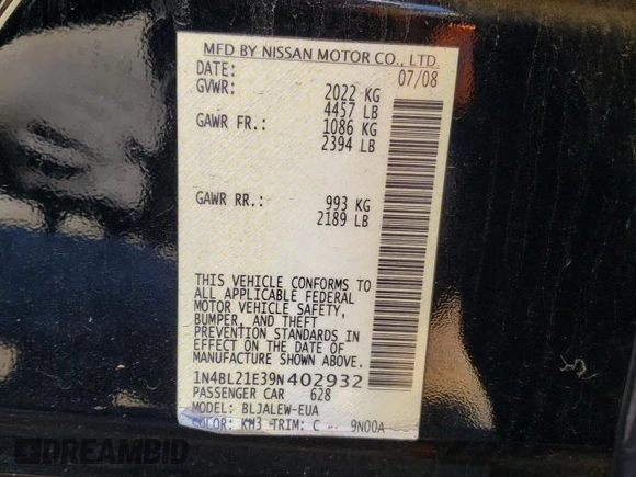 2009 Nissan Altima 3.5 SL with VIN 1N4BL21E39N402932, listed as a Copart auction lot 50586525 with 121,675 mi miles and Salvage Title. Bid and sale history available at carsss.com. Image 14.