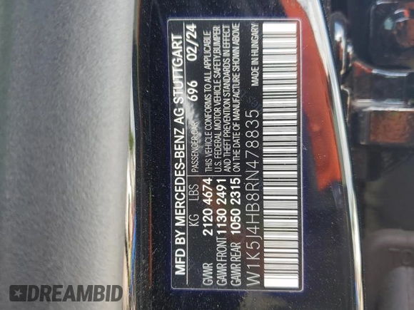 2024 Mercedes-Benz CLA 250 with VIN W1K5J4HB8RN478835, listed as a Copart auction lot 56634825 with 7,140 mi miles and Salvage title. Bid and sale history available at DreamBid. Image 12.