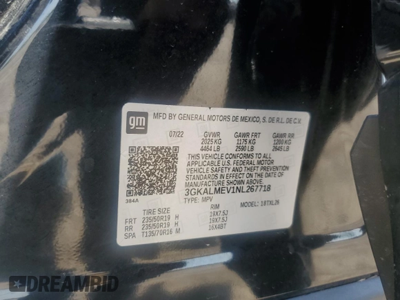 2022 GMC Terrain SLE z VIN 3GKALMEV1NL267718, wystawiony jako Copart lot #51453475 z przebiegiem Nie podano mil oraz Szkoda całkowita • Salvage title. Historia ofert i sprzedaży dostępna na DreamBid. Obrazek 14.