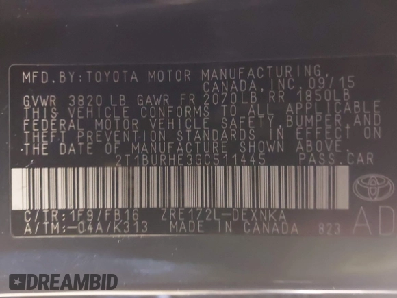 2016 Toyota Corolla L with VIN 2T1BURHE3GC511445, listed as a IAAI auction lot 41142950 with 85,829 mi miles and . Bid and sale history available at DreamBid. Image 9.