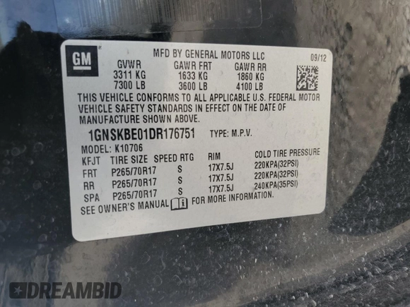2013 Chevrolet Tahoe LT with VIN 1GNSKBE01DR176751, listed as a Copart auction lot 60303165 with 201,672 mi miles and Salvage title. Bid and sale history available at DreamBid. Image 12.