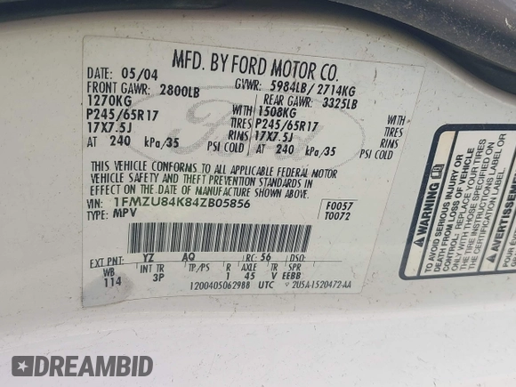 2004 Ford Explorer с VIN 1FMZU84K84ZB05856, выставлен на аукционе IAAI как лот 42557804 с пробегом 145 464 миль миль и . История ставок и продаж доступна на DreamBid. Изображение 9.