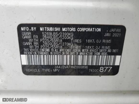 2021 Mitsubishi Outlander PHEV SEL with VIN JA4J2VA7XMZ000896, listed as a Copart auction lot 47648755 with 85,016 mi miles and Salvage Title. Bid and sale history available at carsss.com. Image 14.