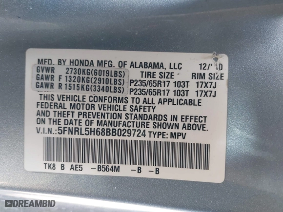 2011 Honda Odyssey EX-L with VIN 5FNRL5H68BB029724, listed as a IAAI auction lot 41854698 with 171,600 mi miles. Bid and sale history available at carsss.com. Image 9.