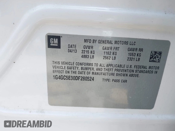 2013 Buick LaCrosse Leather with VIN 1G4GC5E30DF280524, listed as a IAAI auction lot 42216828 with 107,045 mi miles and . Bid and sale history available at DreamBid. Image 9.