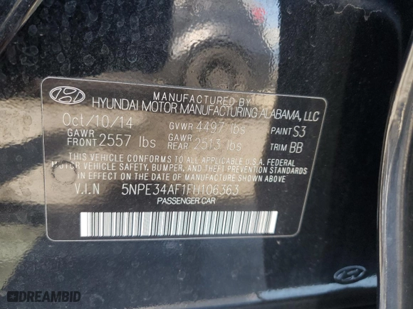 2015 Hyundai Sonata 2.4L Sport with VIN 5NPE34AF1FH106363, listed as a Copart auction lot 52048685 with 61,128 mi miles and Salvage Title. Bid and sale history available at carsss.com. Image 12.